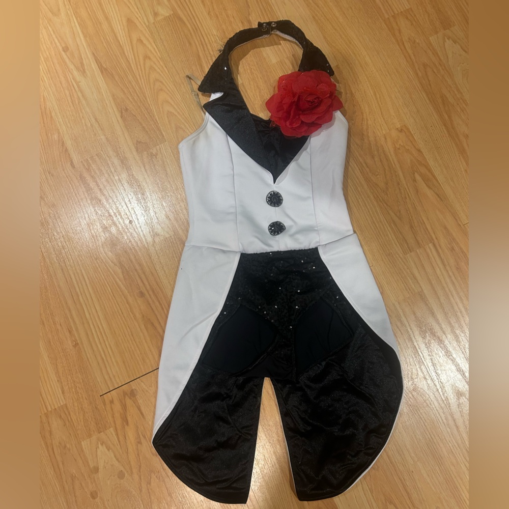 weissman black and white halter dance costume with red rose